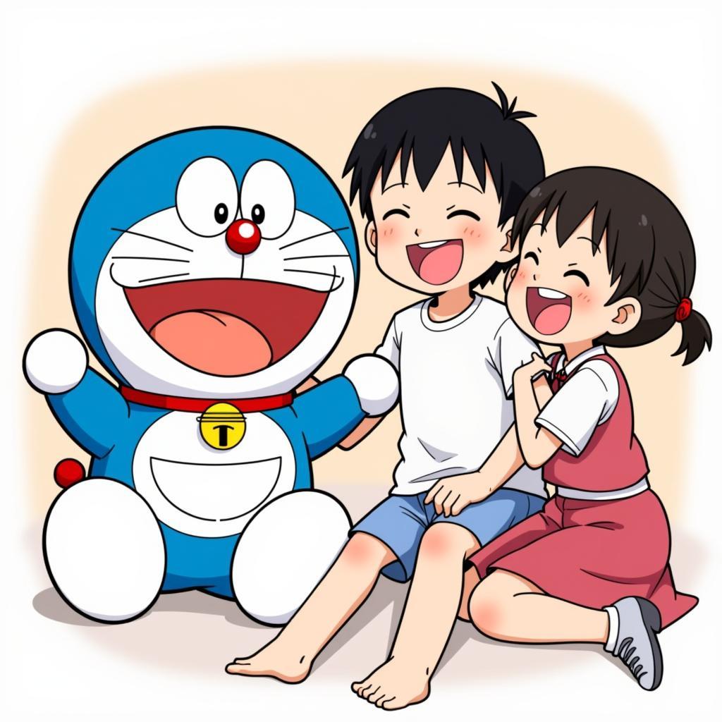 Doraemon, Xuka và Nobi cười vui vẻ