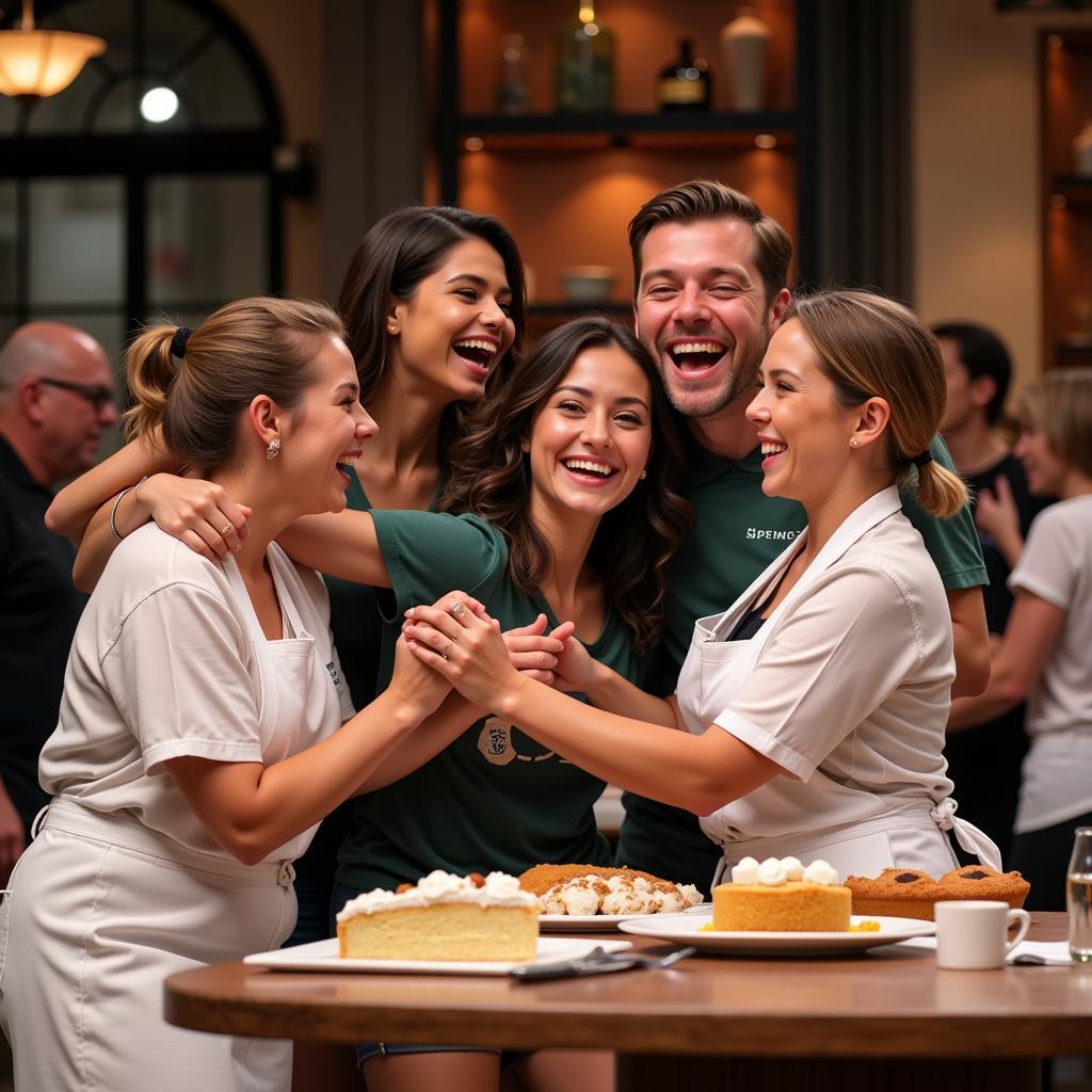 Contestants celebrating a successful bake on The Great British Baking Show.