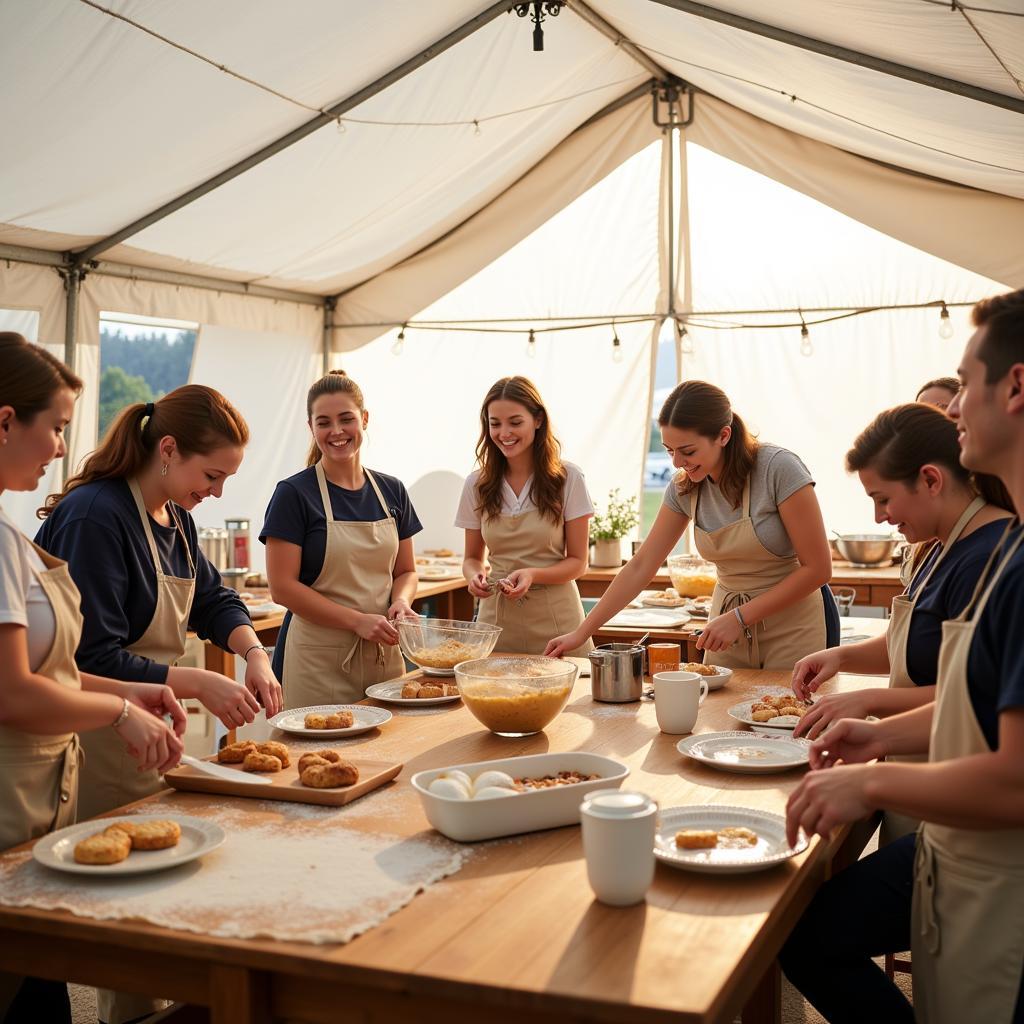 Contestants baking in the iconic white tent of The Great British Baking Show