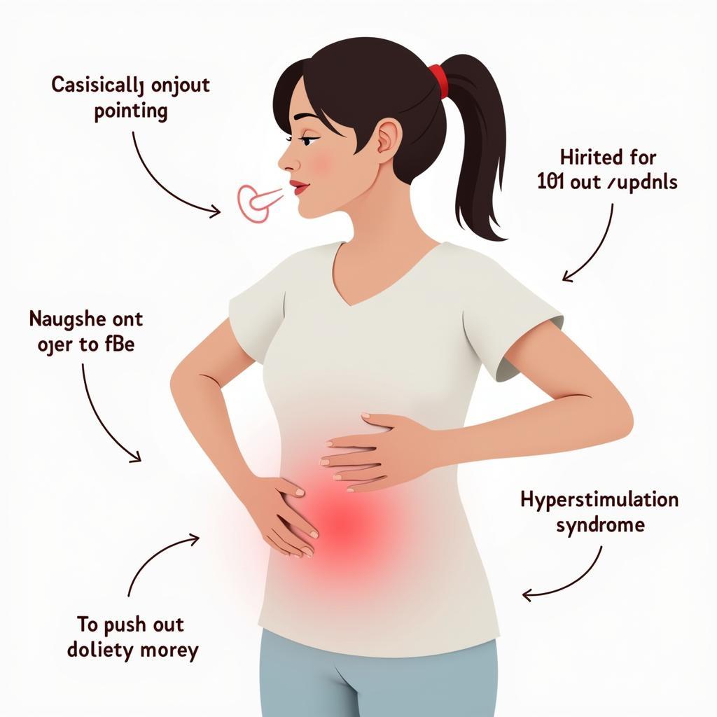 Hội chứng kích thích buồng trứng quá mức (OHSS): Hình ảnh minh họa một người phụ nữ đang đau bụng, kèm theo biểu hiện buồn nôn và khó thở.