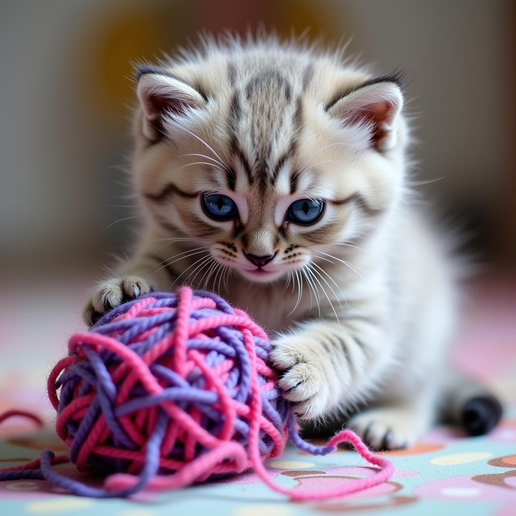 Adorable Kitten Playing with Yarn