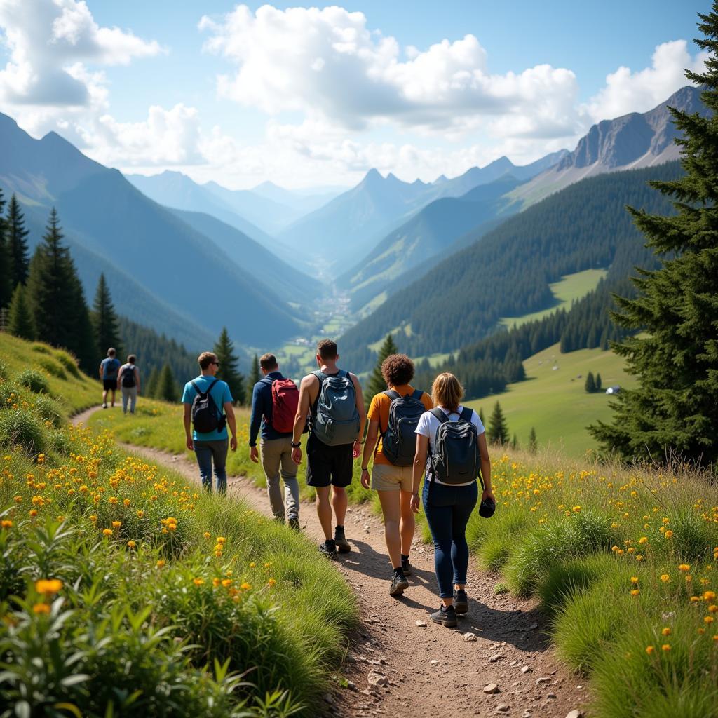 A group of friends hiking.