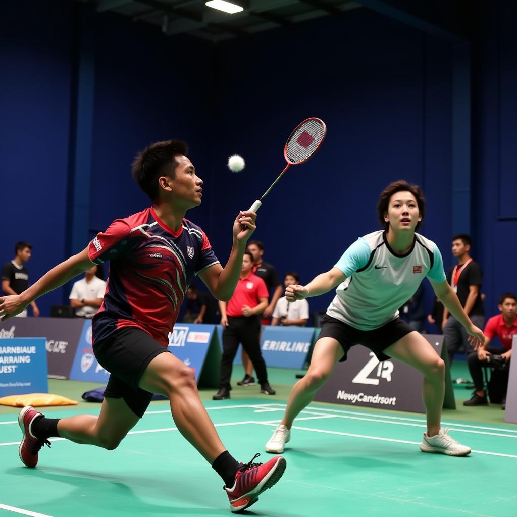 Professional badminton players competing