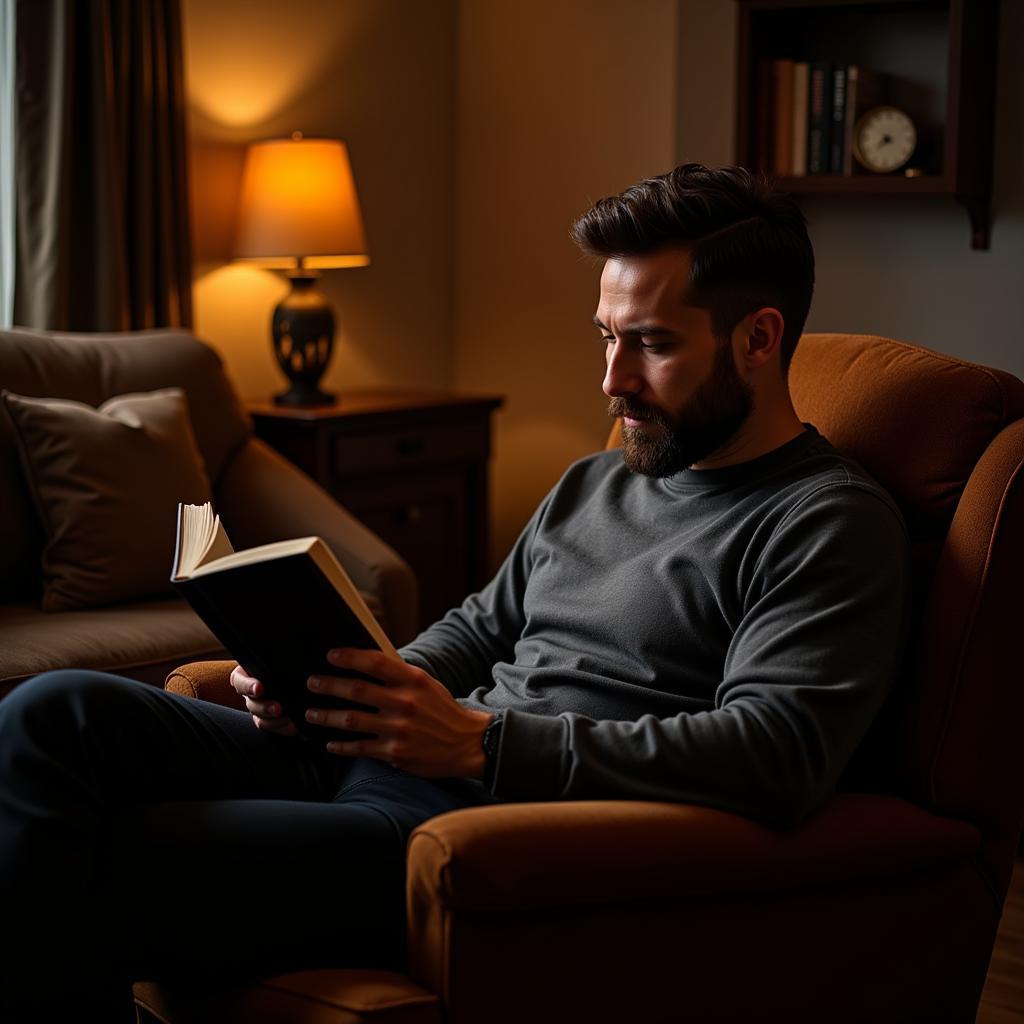 A man reading a book, showing hobbies in English