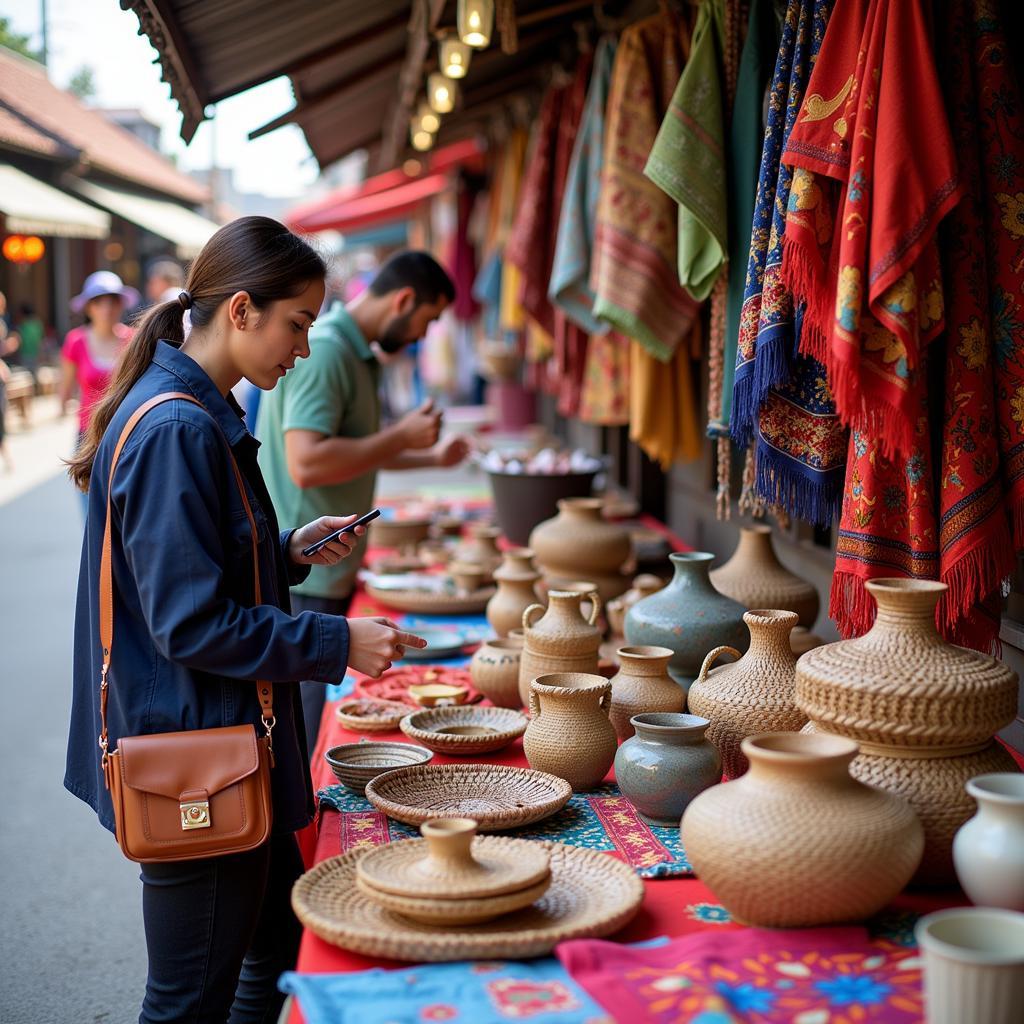 American tourists buying Vietnamese handicrafts