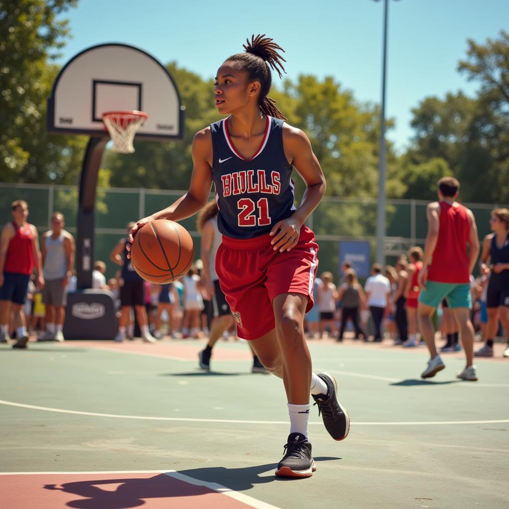 A woman playing basketball.