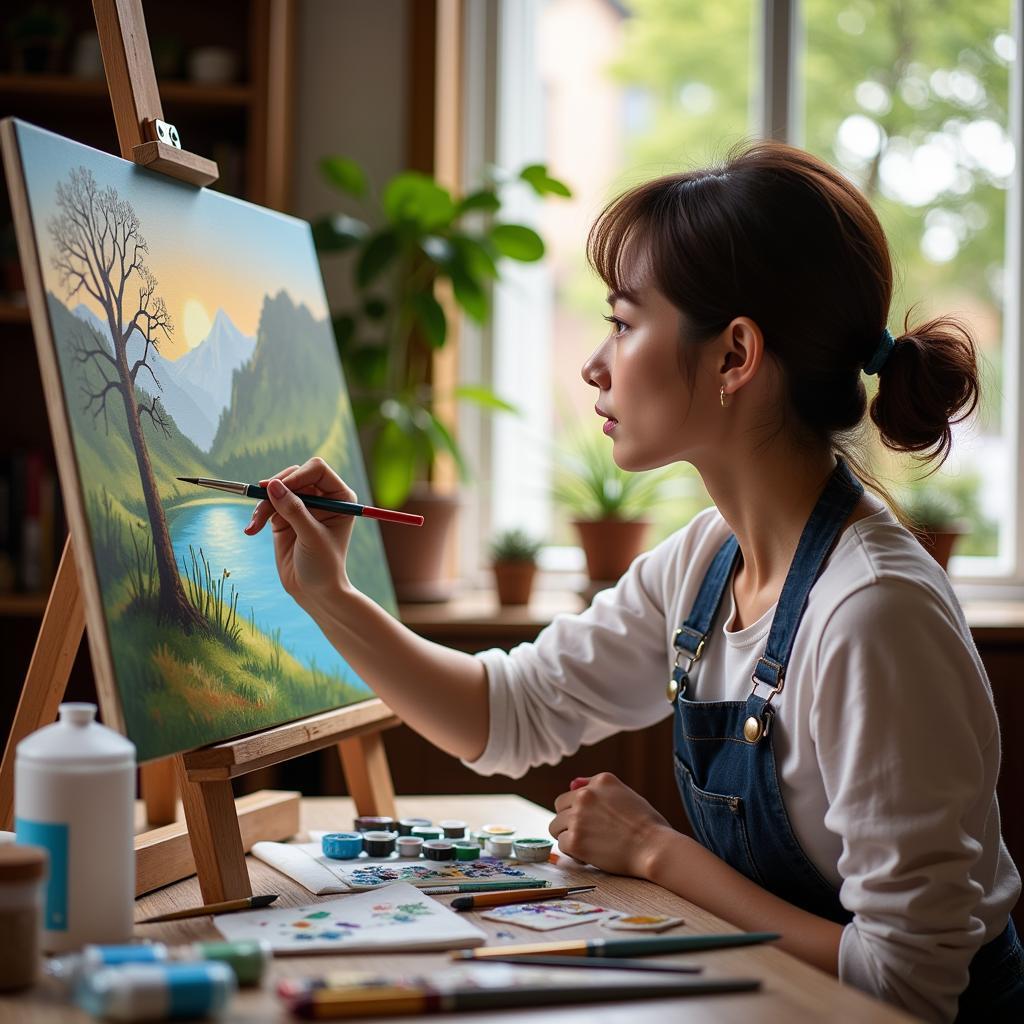 A woman painting, demonstrating various hobbies in English