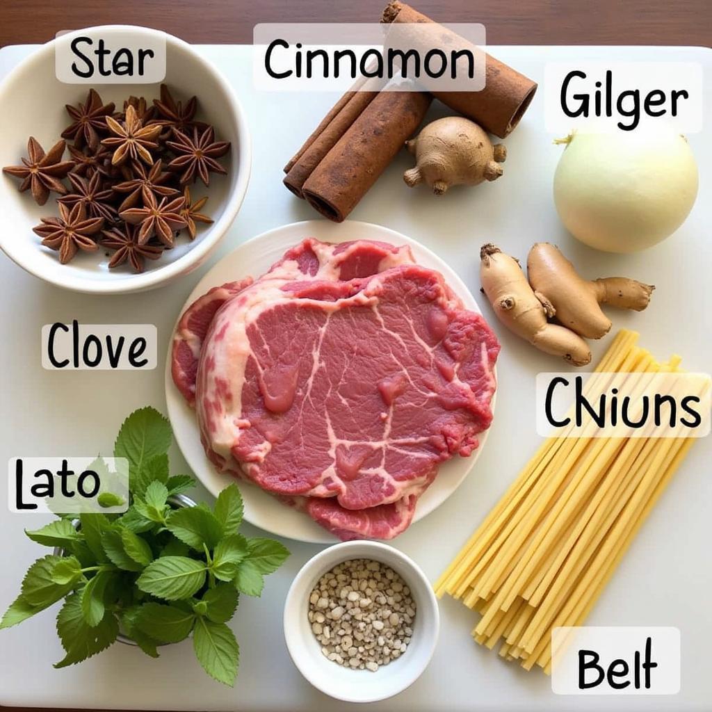 Ingredients for making Pho, including spices, herbs, and beef.