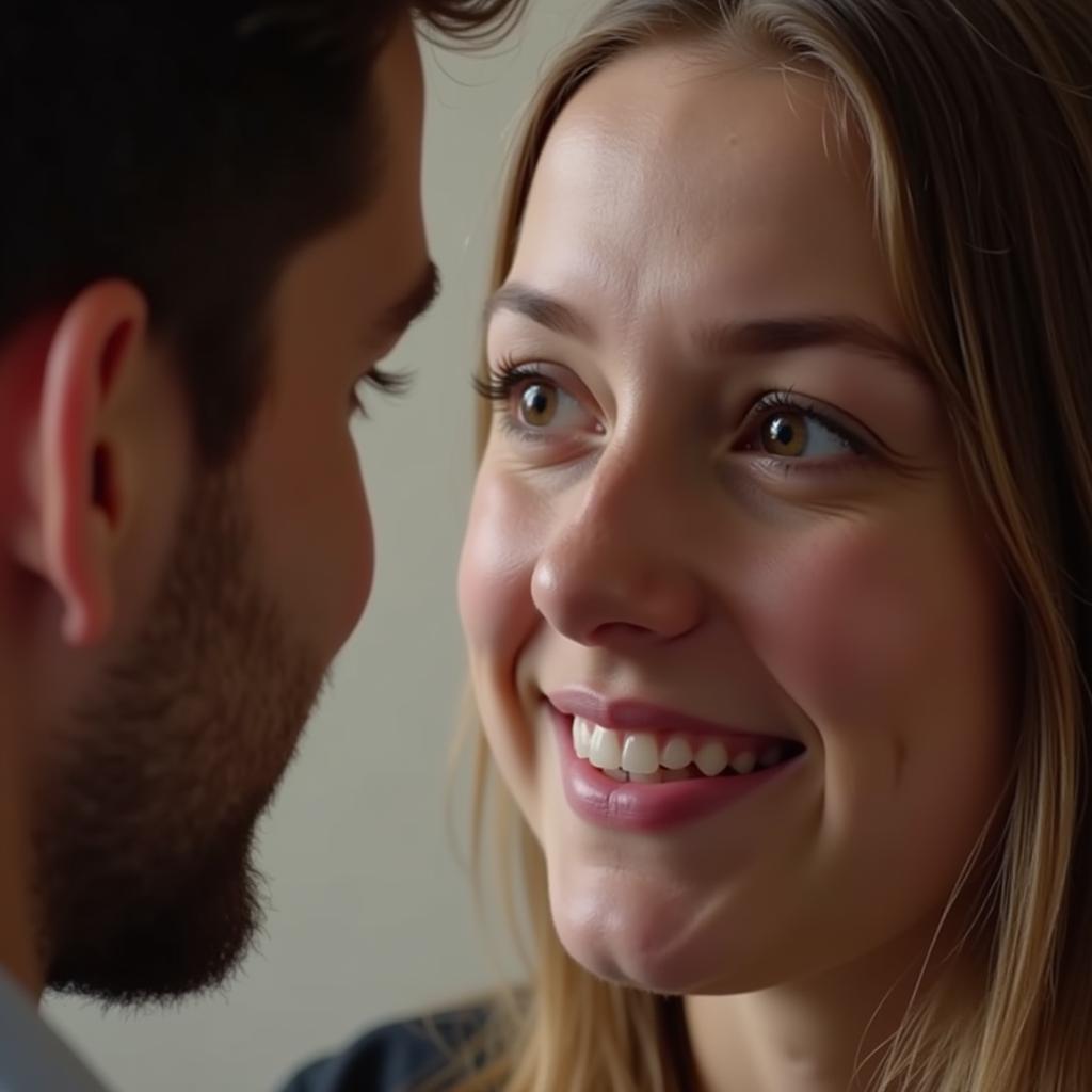 A girl looks at a guy with sparkling eyes and a warm smile, indicating affection and interest.