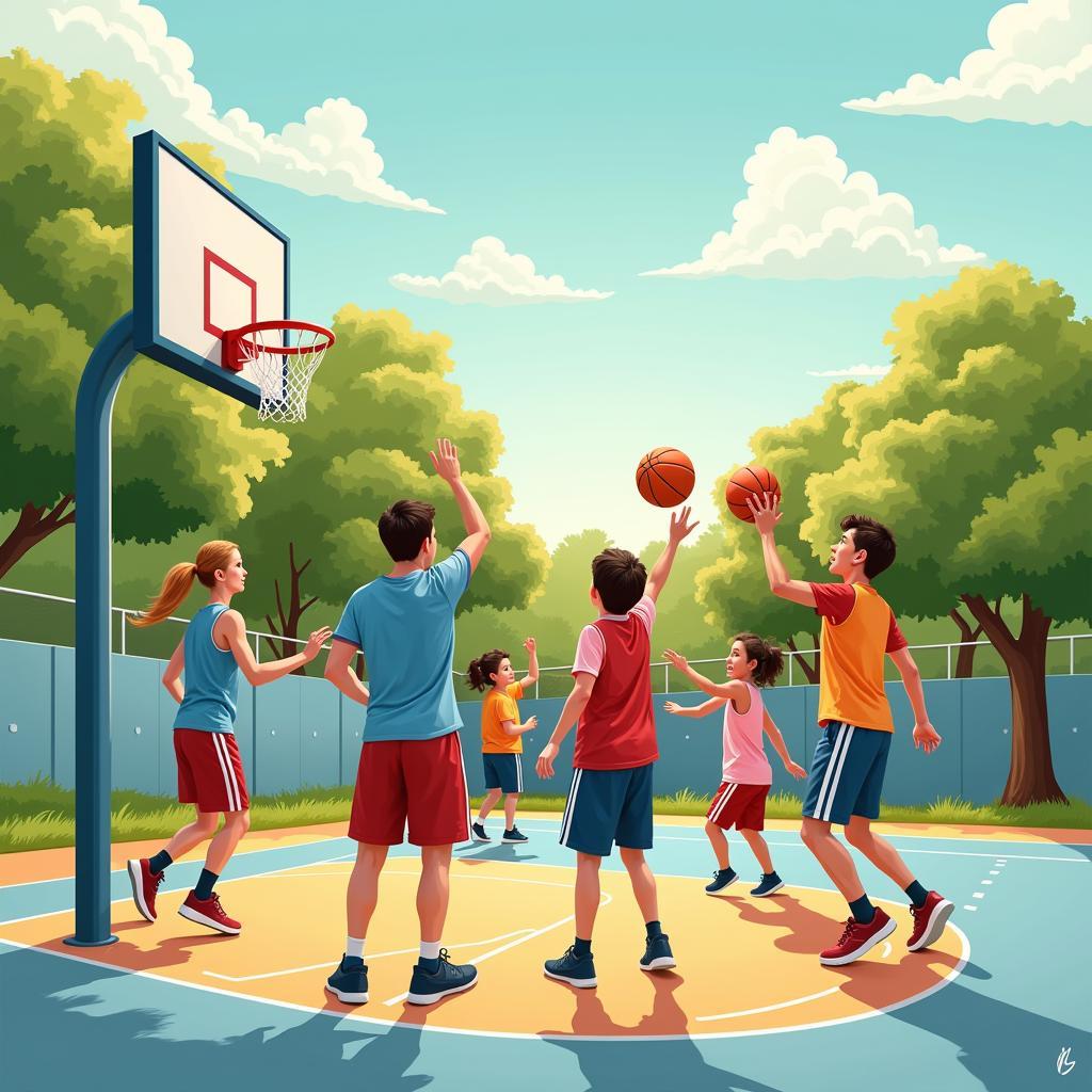 A group of friends playing basketball, depicting hobbies in English