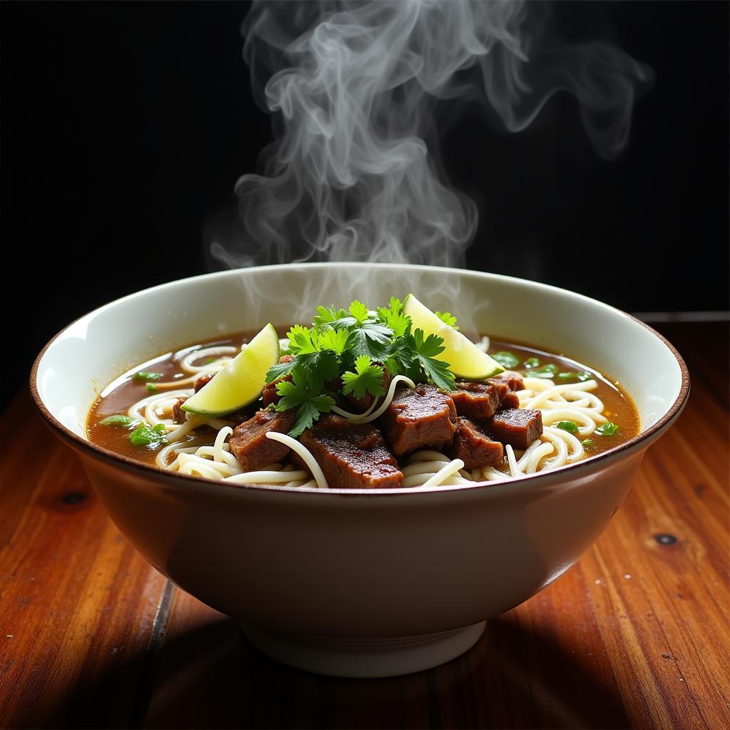 A steaming bowl of Pho with vibrant herbs and tender beef