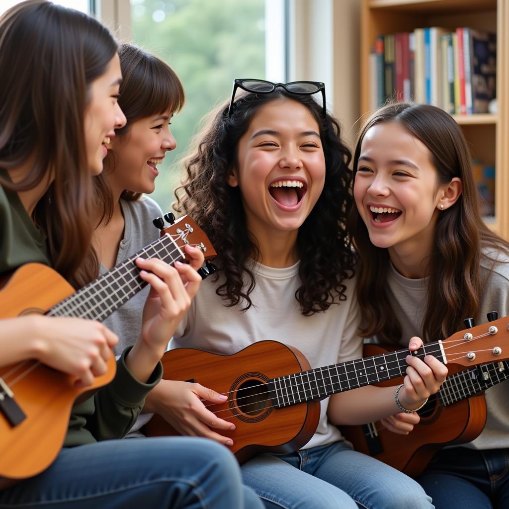 Tập chơi ukulele cùng bạn bè