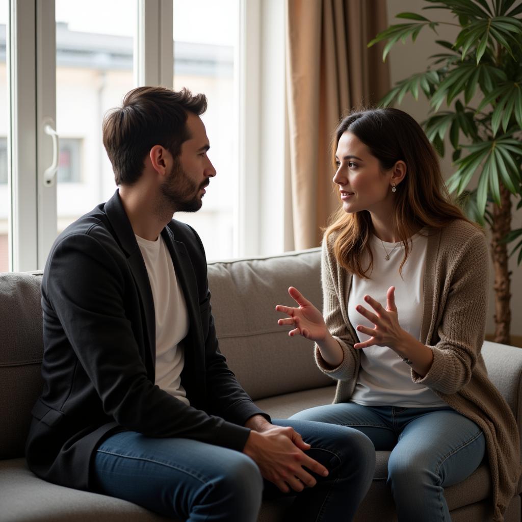 A couple is sitting on a couch, talking seriously.