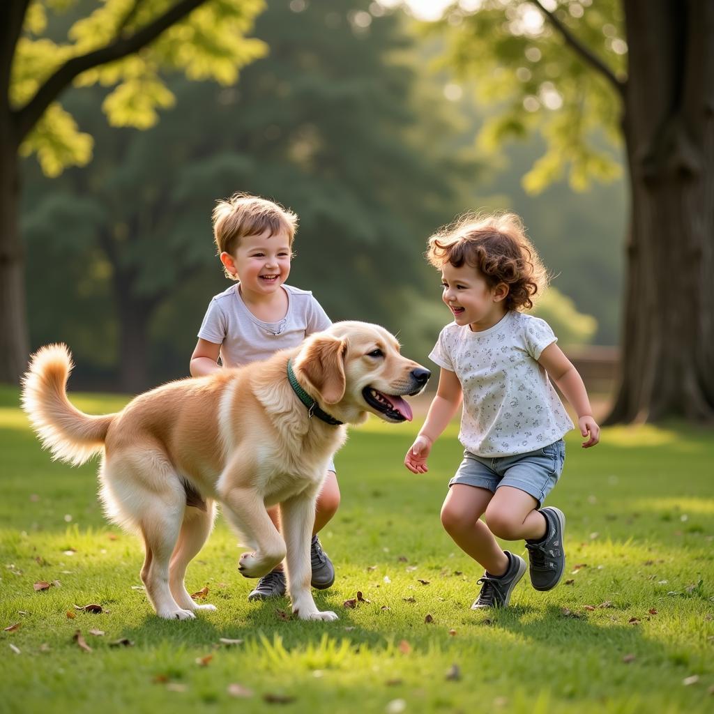 Trẻ em chơi đùa với chó Golden Retriever