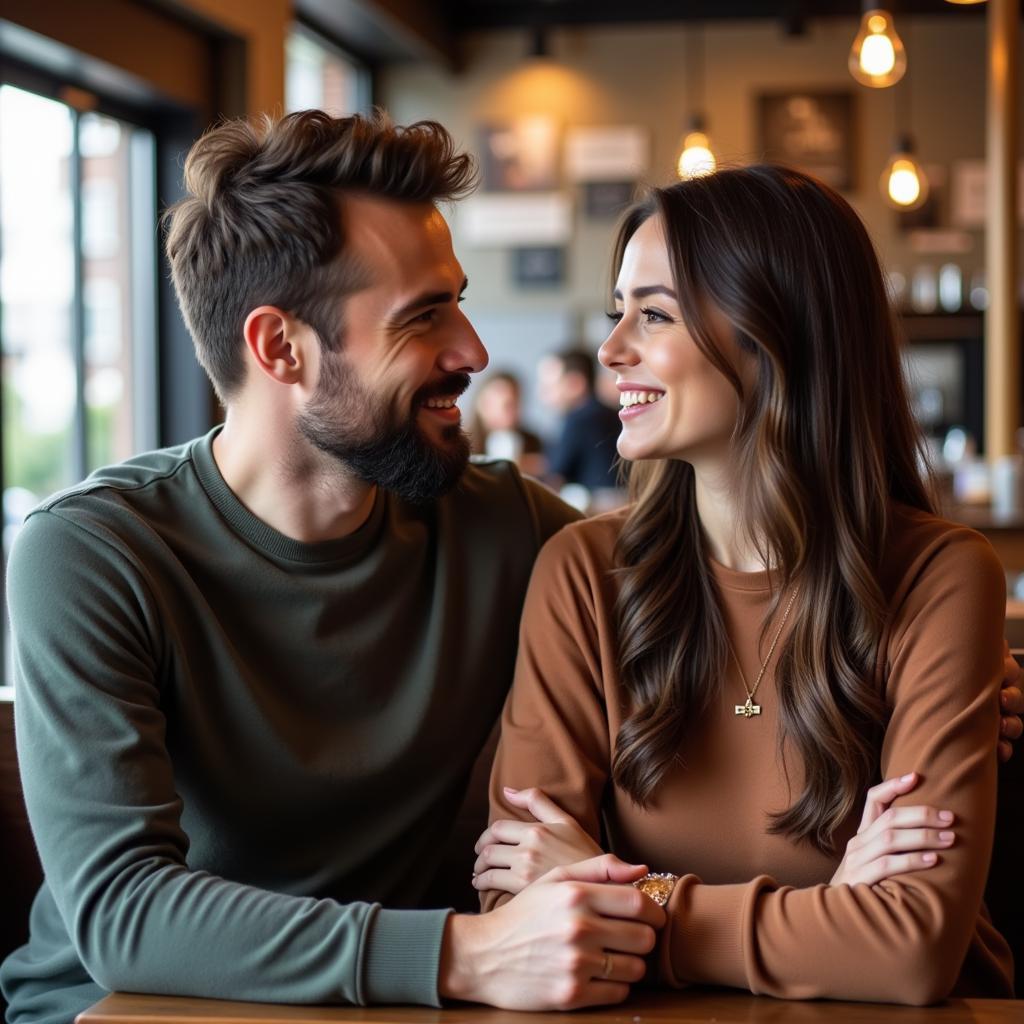 A man and woman enjoying each other's company while having coffee.