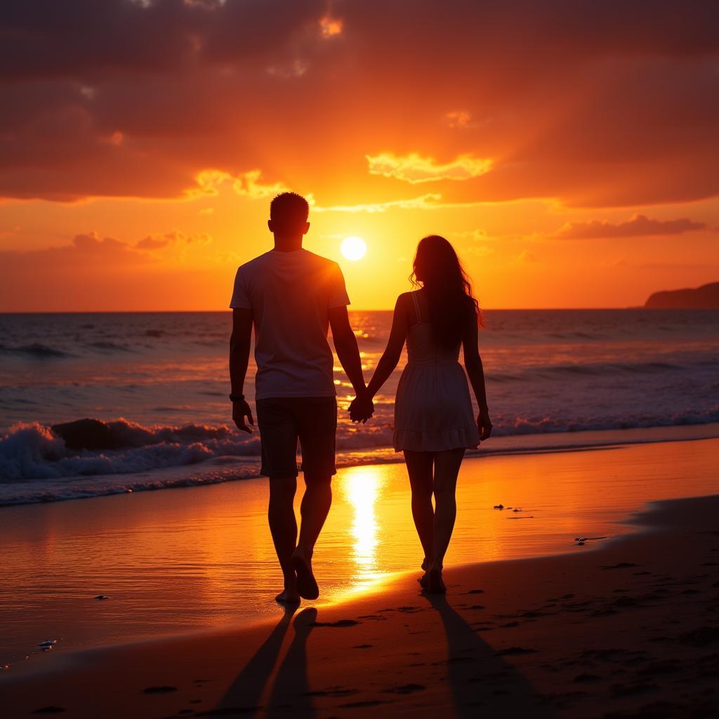 A couple holding hands, walking on the beach.