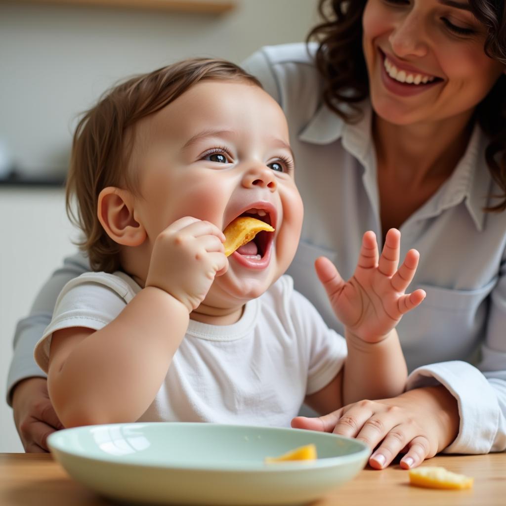 Bột ăn dặm nào tốt cho bé webtretho: Hình ảnh minh họa một em bé đang ăn dặm với vẻ mặt vui vẻ, thể hiện sự ngon miệng và thích thú với món ăn. Bên cạnh là người mẹ đang ân cần chăm sóc và theo dõi con.