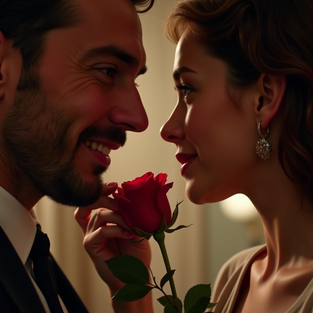 A man looking lovingly at his partner while holding a single red rose