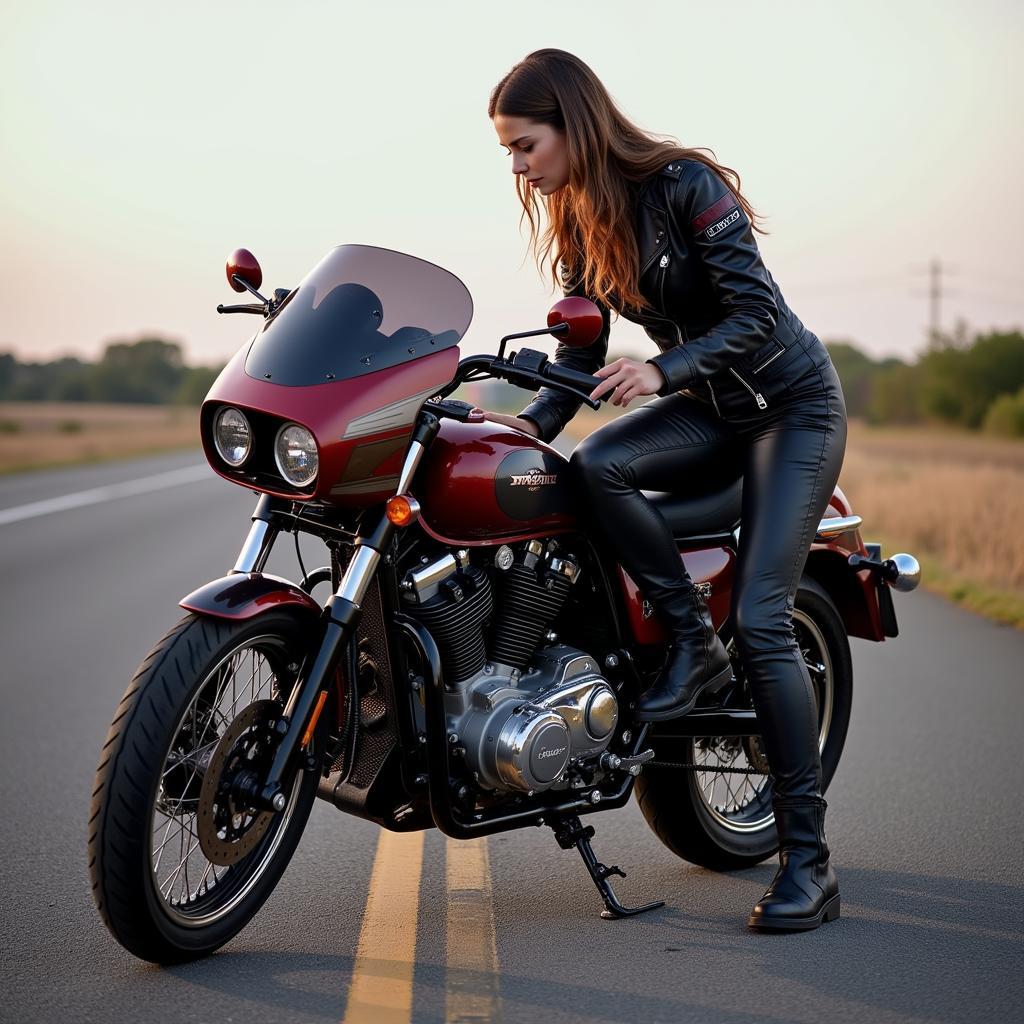 A young woman admiring her customized motorcycle.