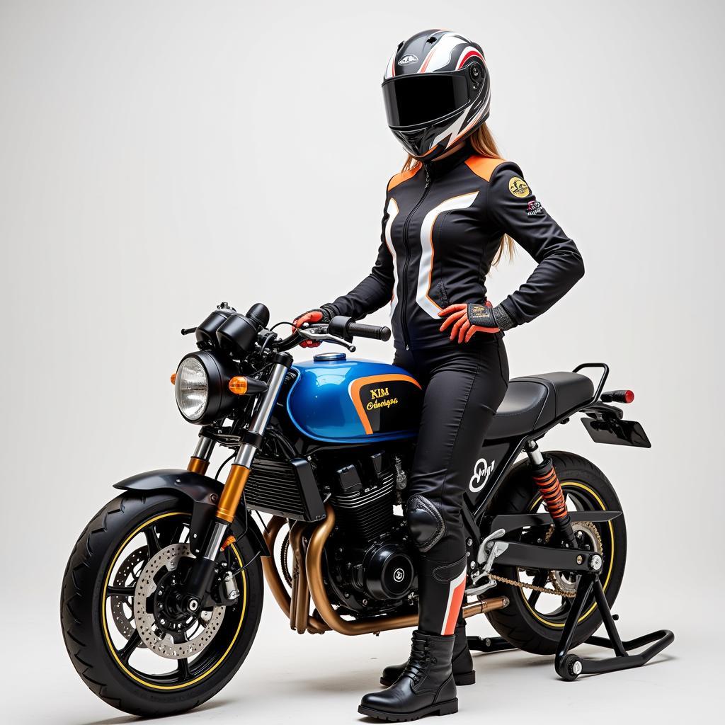 A young woman in protective gear poses with her customized motorcycle.