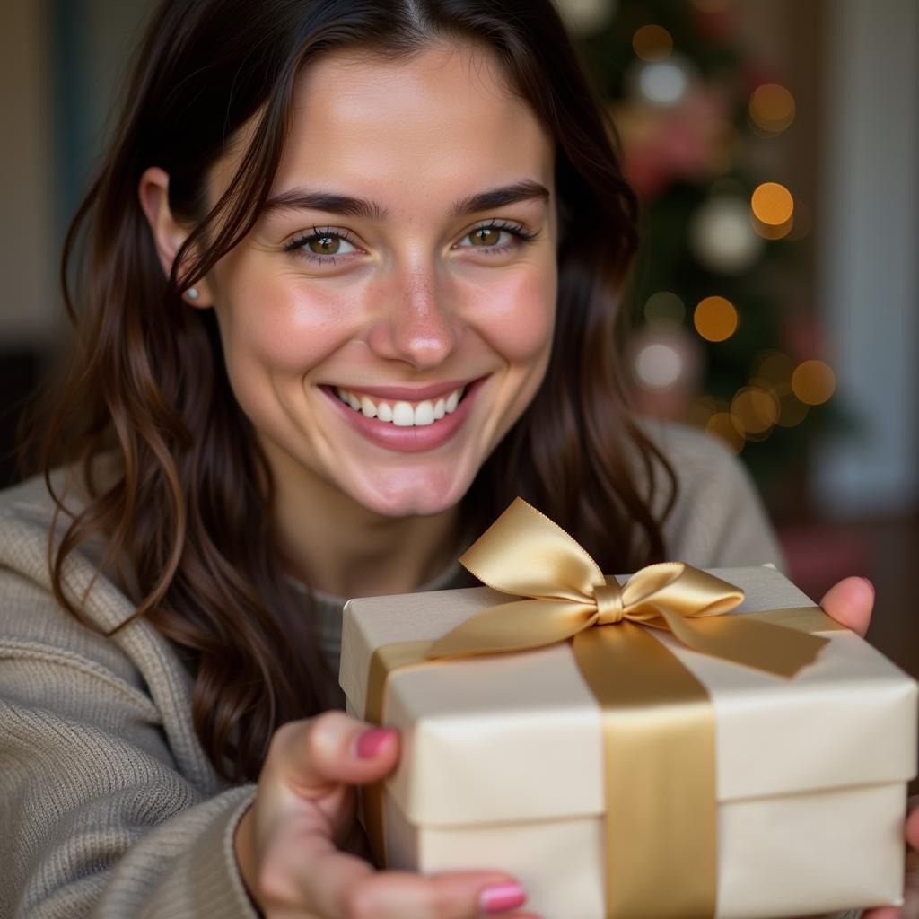 A girl happily receiving a gift