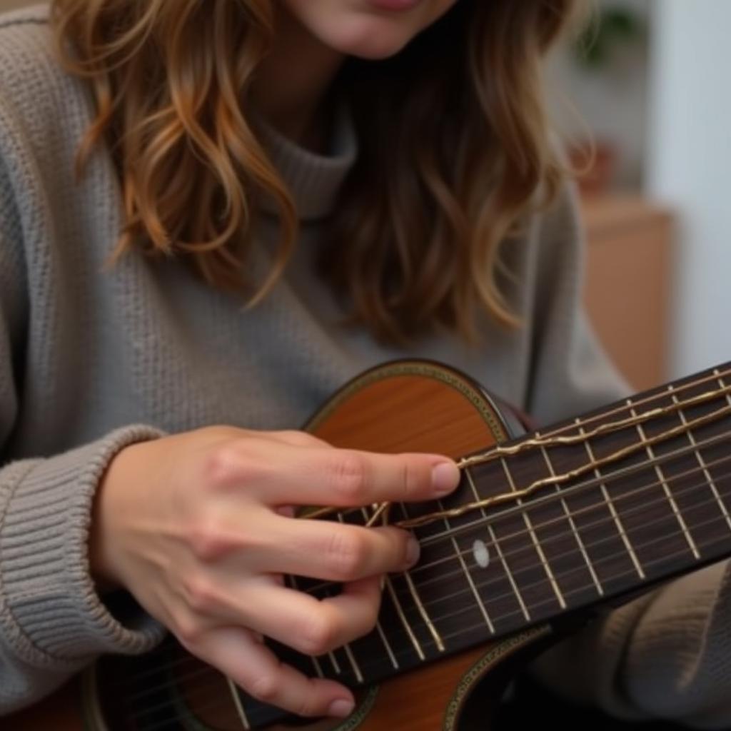 Một người đang học chơi đàn guitar.