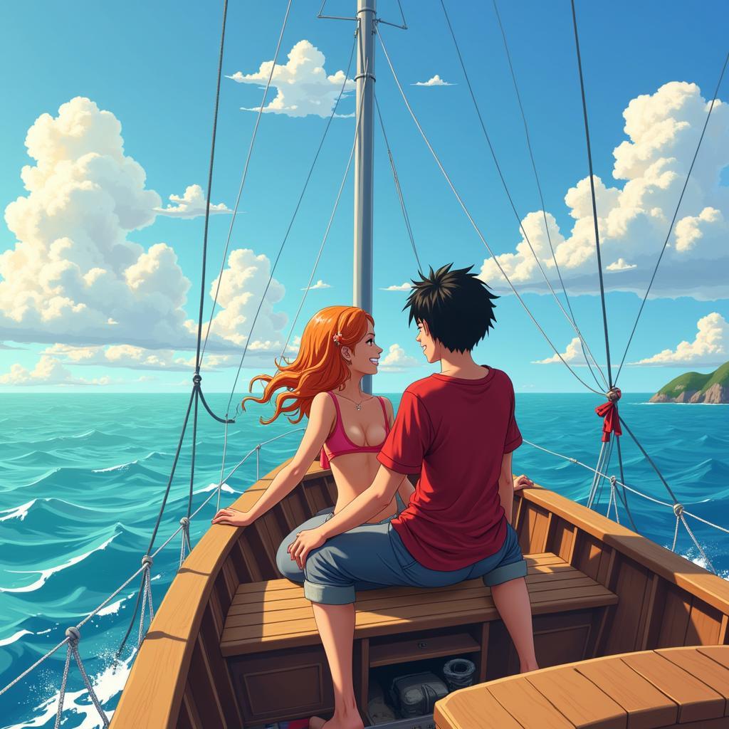 Nami và Luffy cùng nhau phiêu lưu trên biển, hướng về phía trước với nụ cười rạng rỡ.