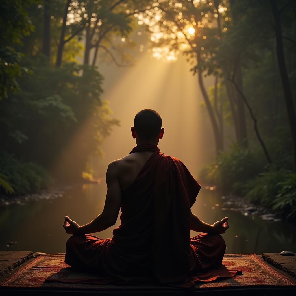 A monk meditating peacefully in a serene temple, seeking inner peace and self-discovery. This image represents the journey of self-reflection and the search for authenticity.