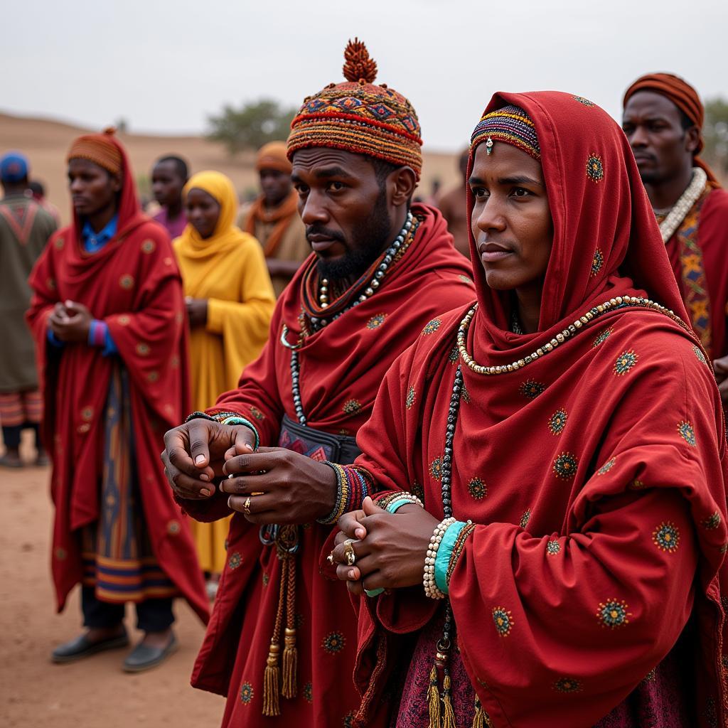 Người dân Berber tại Atar, Mauritania trong trang phục truyền thống, đang chuẩn bị cho một buổi lễ hội.