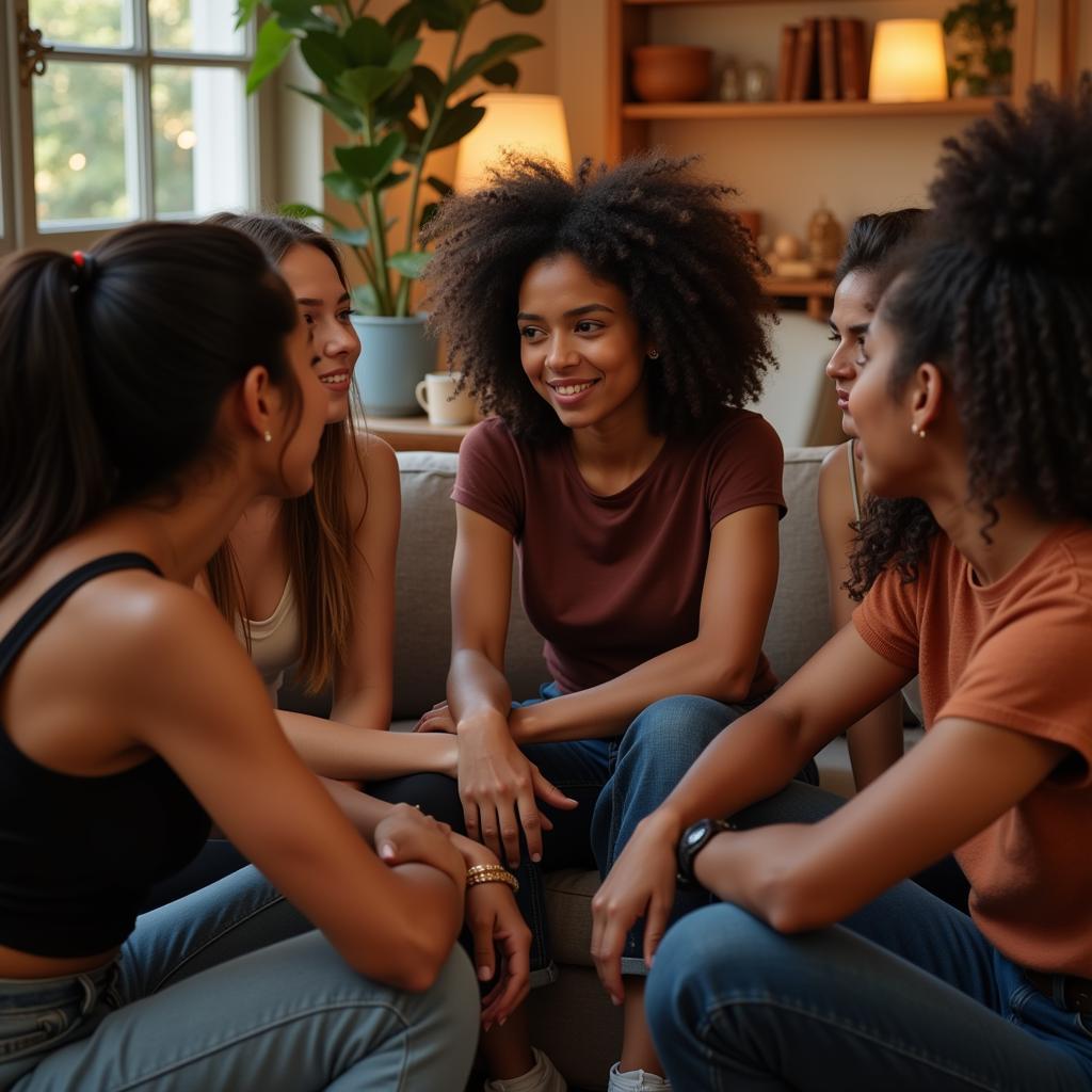 A group of friends sitting in a circle, having an open and honest conversation. One person is sharing their personal story, while the others listen attentively and offer support.