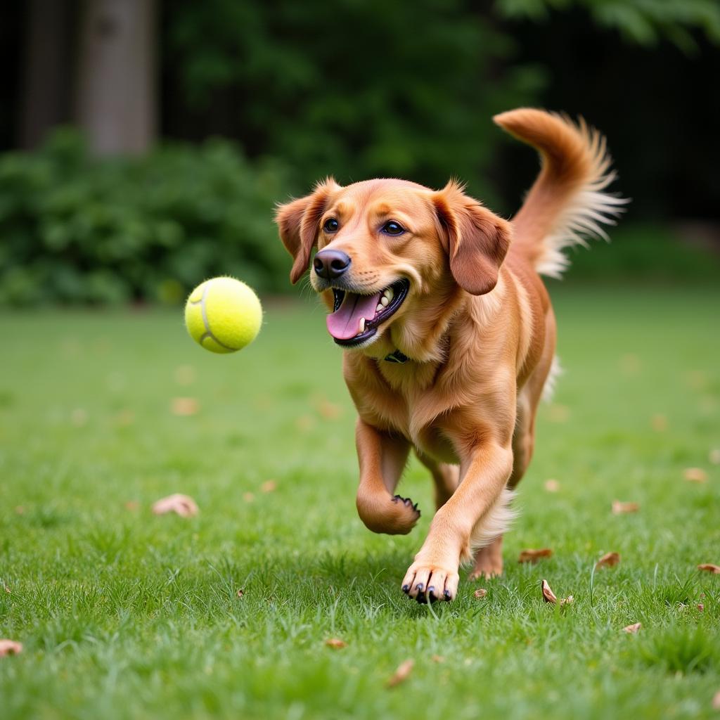 Chú chó Golden Retriever đang bắt bóng trong vườn