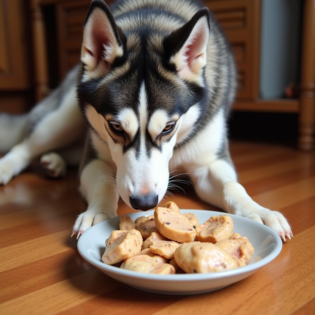 Chó Husky ăn thịt gà