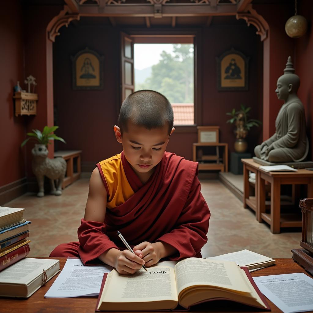 Chú tiểu đang chăm chú học toán tại chùa