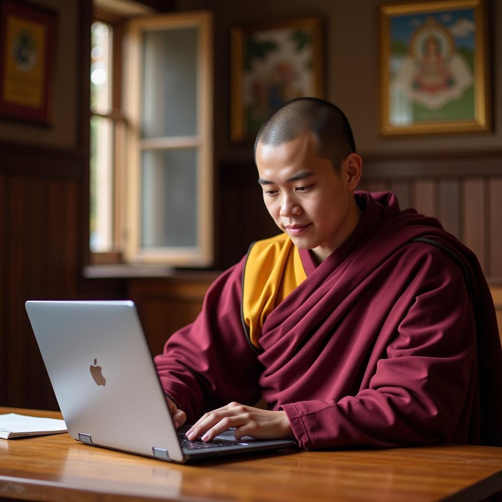 Chú tiểu sử dụng máy tính