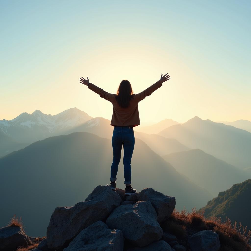 A person standing on a mountaintop, gazing at the vast landscape. They have a look of peace and contentment on their face, having overcome challenges and discovered their true self.