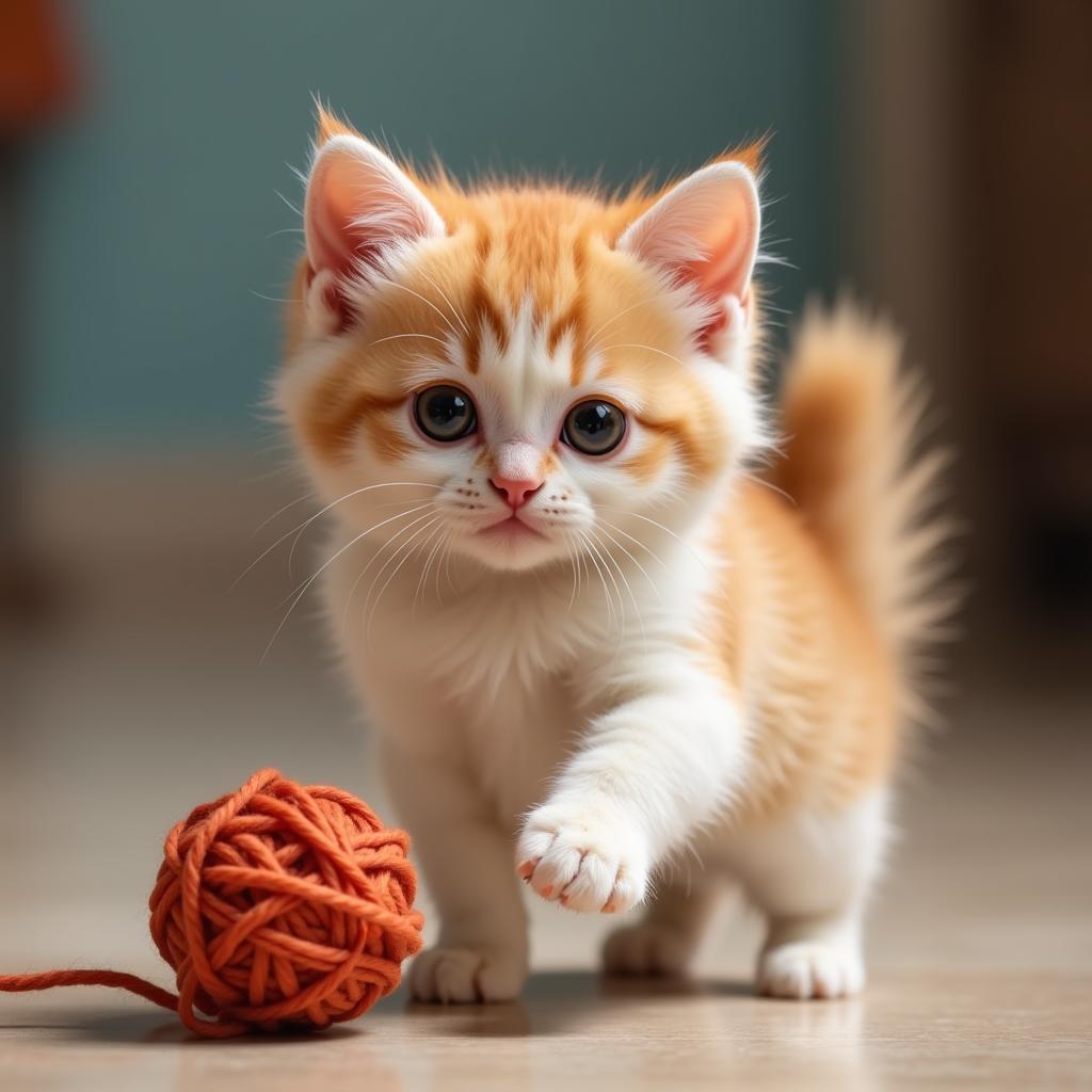 Chú mèo Munchkin đáng yêu đang chơi đùa với quả bóng len.