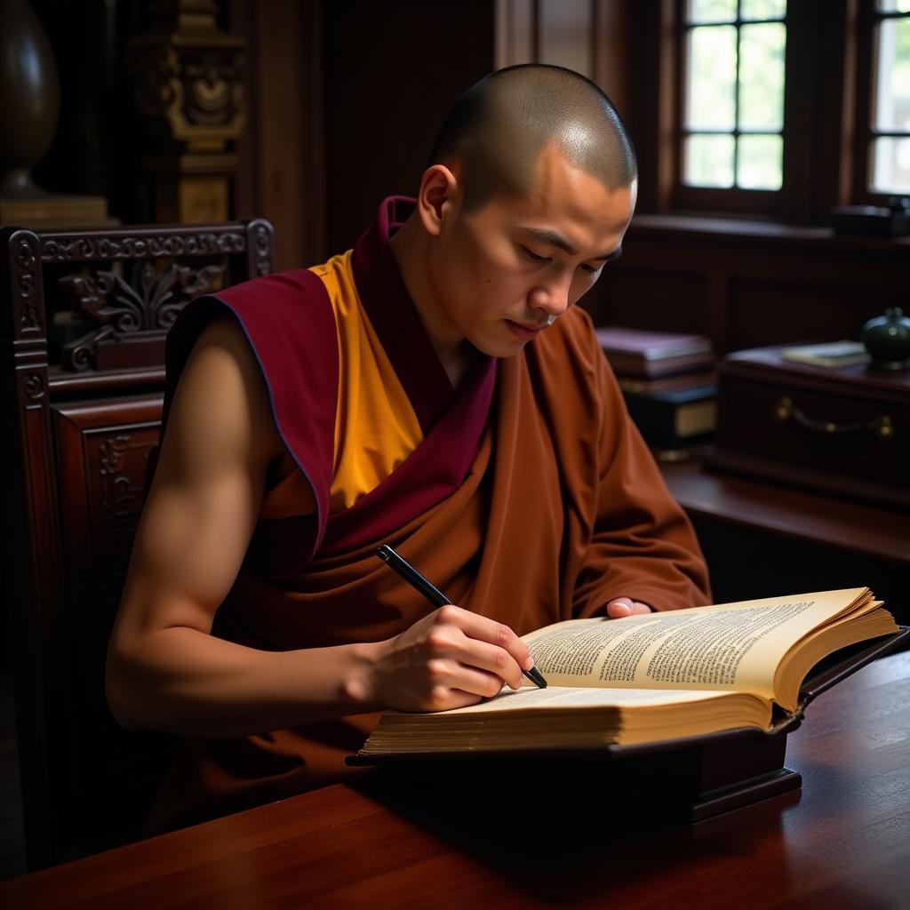 Thich Thanh Toan studying Buddhist scriptures