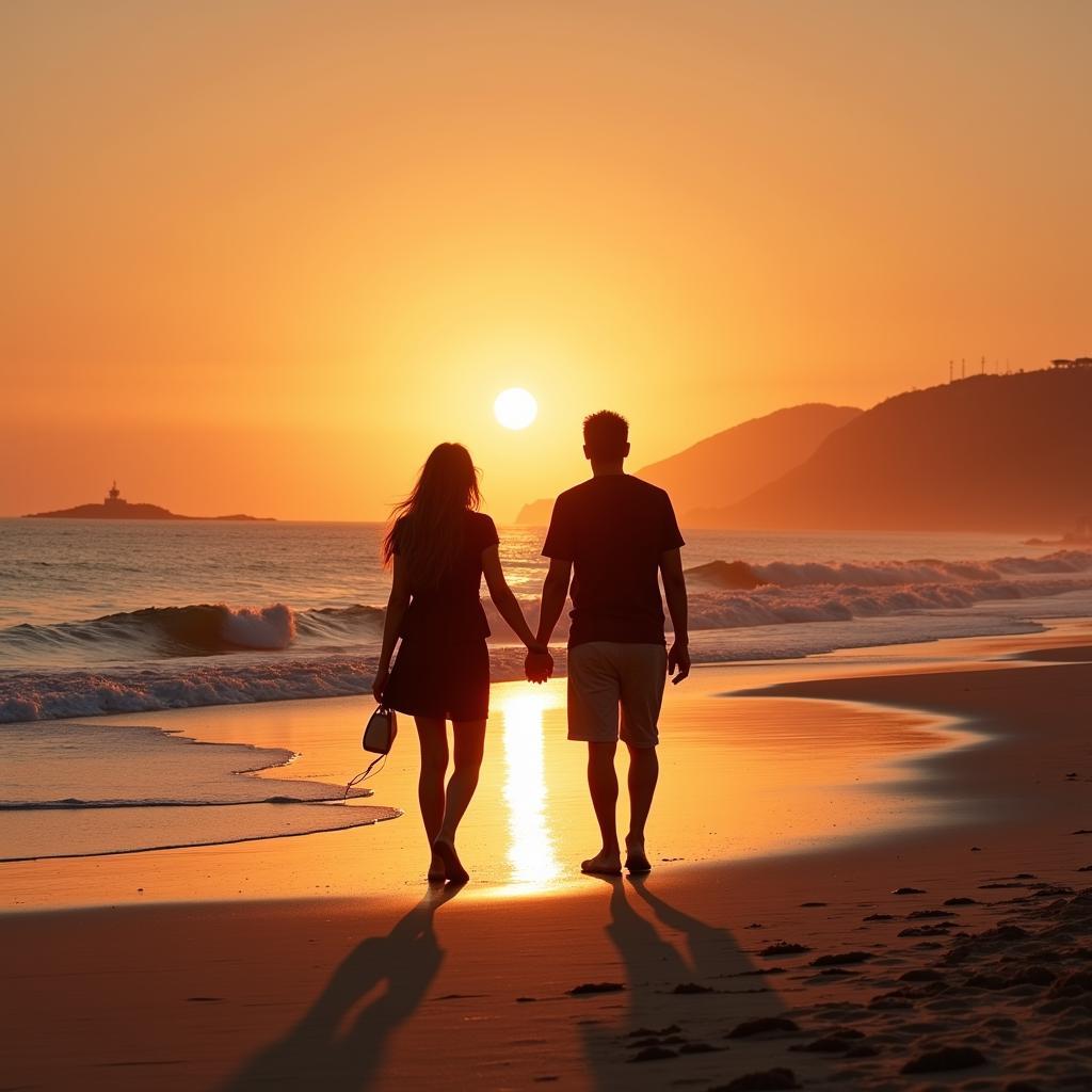 Two people walking hand-in-hand on a beach at sunset, symbolizing a strong and lasting relationship.